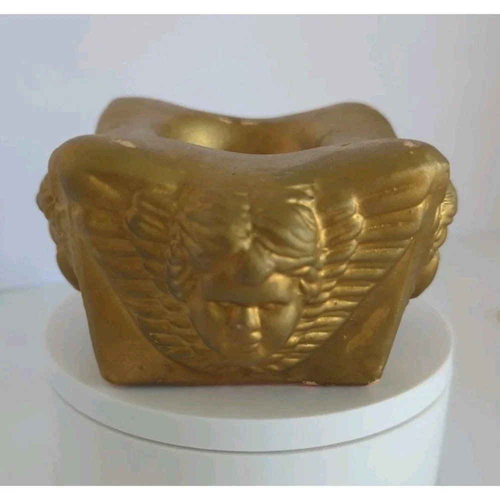 Vintage Angel Cherub Face Gold Tone Candle Holder 4 Sided Victorian Terracotta